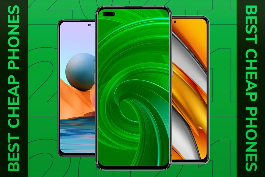 Three smartphones standing on a green background with best cheap phones written on either sides