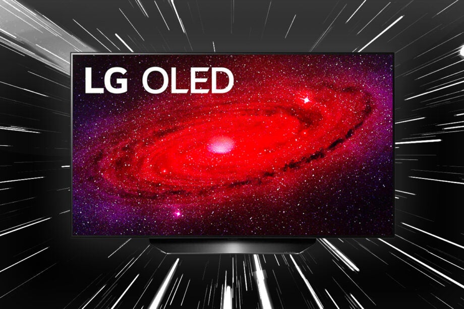 A gray LG OLED TV standing on black background displaying a red-blue galaxy wallpaper