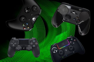 Different gaming controllers floating on a green-black background